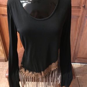 Black scoop neck cotton ladies shirt with fringe